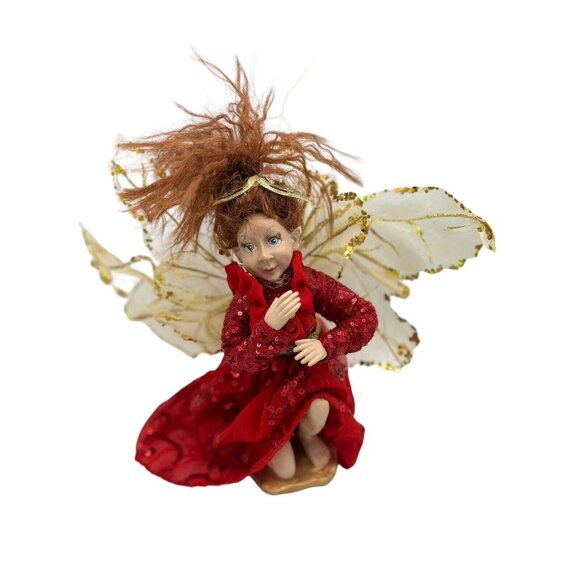 Elf Figurine Red Dress Gold Wings Fairy Pixie Fantasy Signed 12"  Real Eye lashe - Picture 10 of 16